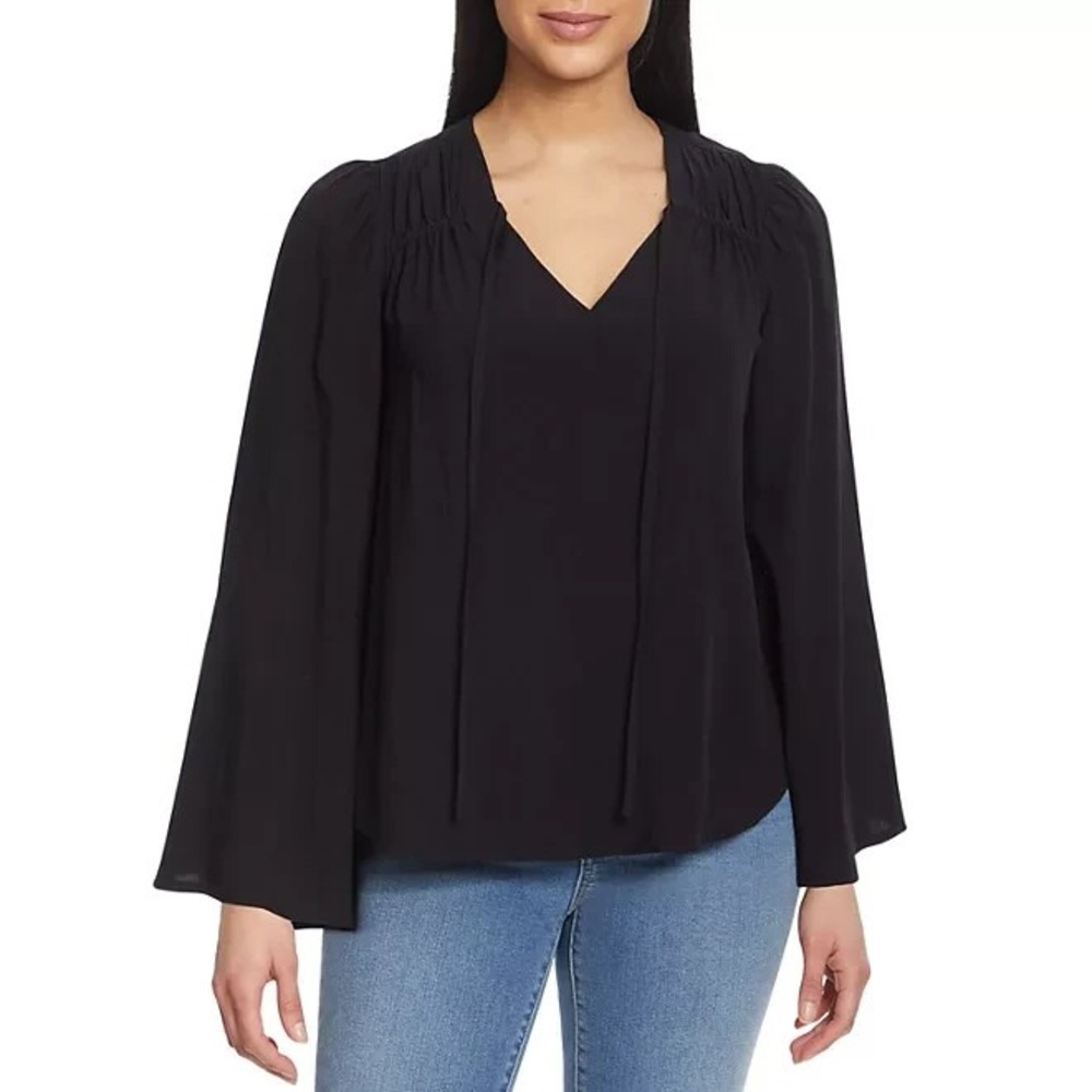 Jessica Simpson Womens Woven V-Neck Flare Sleeve Top Black Medium NWT